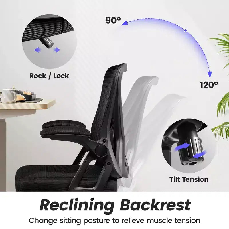 Chaise de bureau ergonomique KERDOM, Chaise de bureau en maille avec support lombaire et accoudoirs réglables, Noir