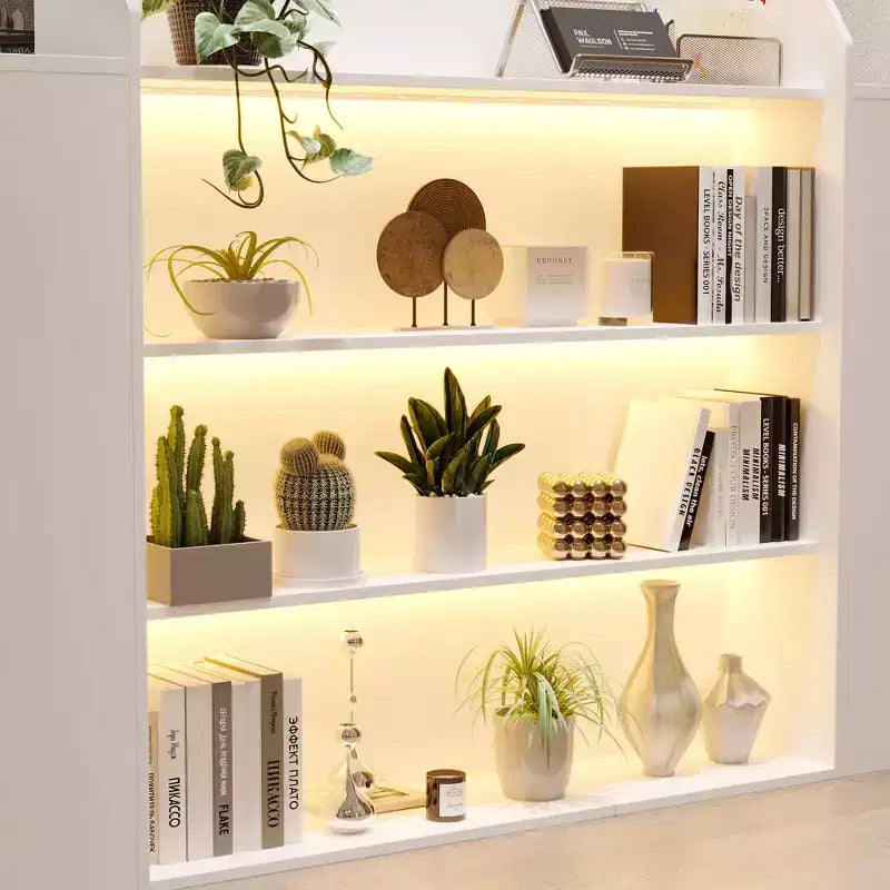 Comptoir de caisse/accueil multifonction blanc Hitow : Rangement verrouillable + Étagères d'affichage LED + Plateau de clavier Caisse/station d'accueil moderne