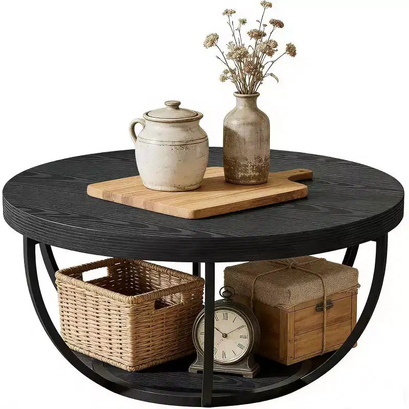 Table Basse Ronde Lantine, Table Basse de Ferme Circulaire de 81 cm pour Salon, Table Centrale d'Appoint Moderne à 2 Niveaux en Bois avec Étagères de Rangement Ouvertes, Noir