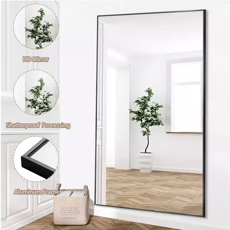 Grand miroir de sol Dovelina 71x32, cadre noir