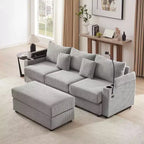 MAYEERTY 95.3 Canapé d'angle moderne 3 places avec ottoman de rangement Deux ports Deux porte-gobelets pour salon Gris