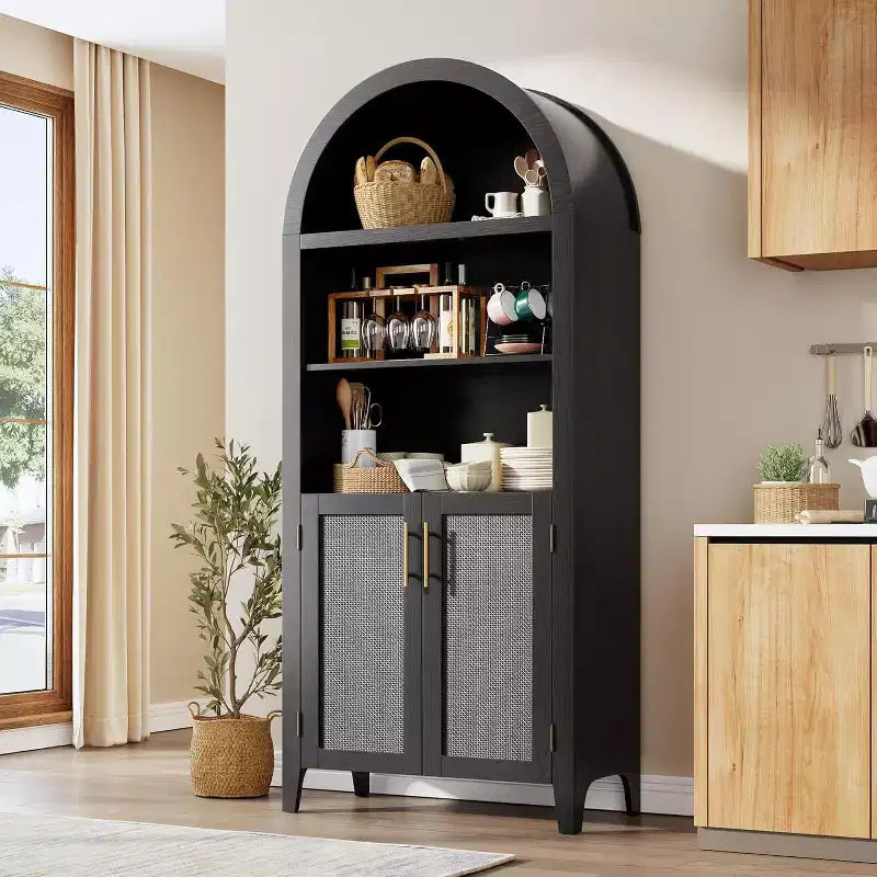Bibliothèque arquée à 5 niveaux avec portes – Étagère de présentation moderne avec détails en rotin, meuble de rangement pour bureau à domicile, salon ou bibliothèque