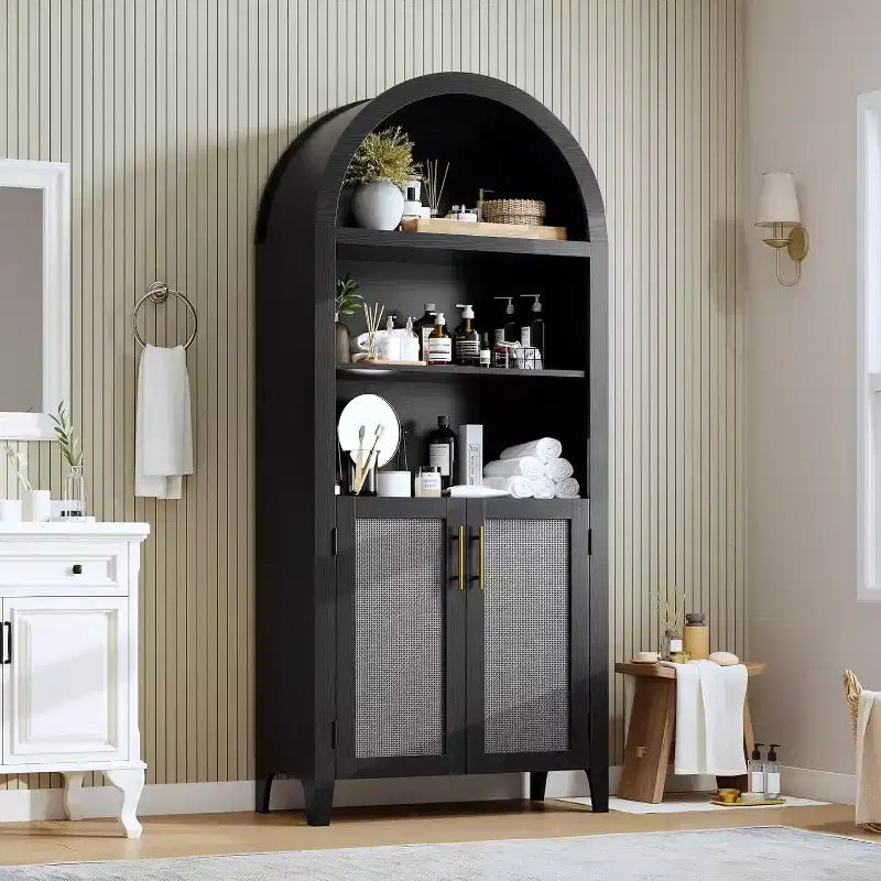 Bibliothèque arquée à 5 niveaux avec portes – Étagère de présentation moderne avec détails en rotin, meuble de rangement pour bureau à domicile, salon ou bibliothèque