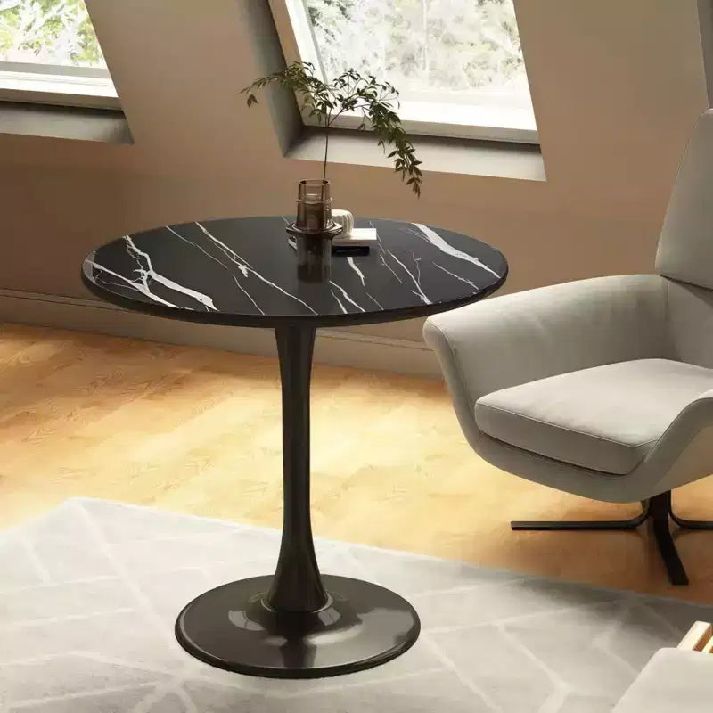Table à manger ronde NAYSAYE Table d'appoint Table de cuisine moderne Plateau en MDF Base en acier pour salon Bureau Marbre, Noir, 23.6*19.7*29.1