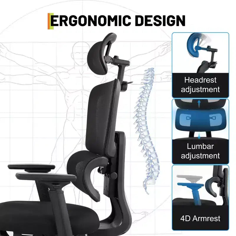 Fauteuil de jeu ergonomique en maille, usage intensif, avec dossier haut, accoudoirs relevables 4D, appui-tête et support lombaire réglables, capacité de 180 kg