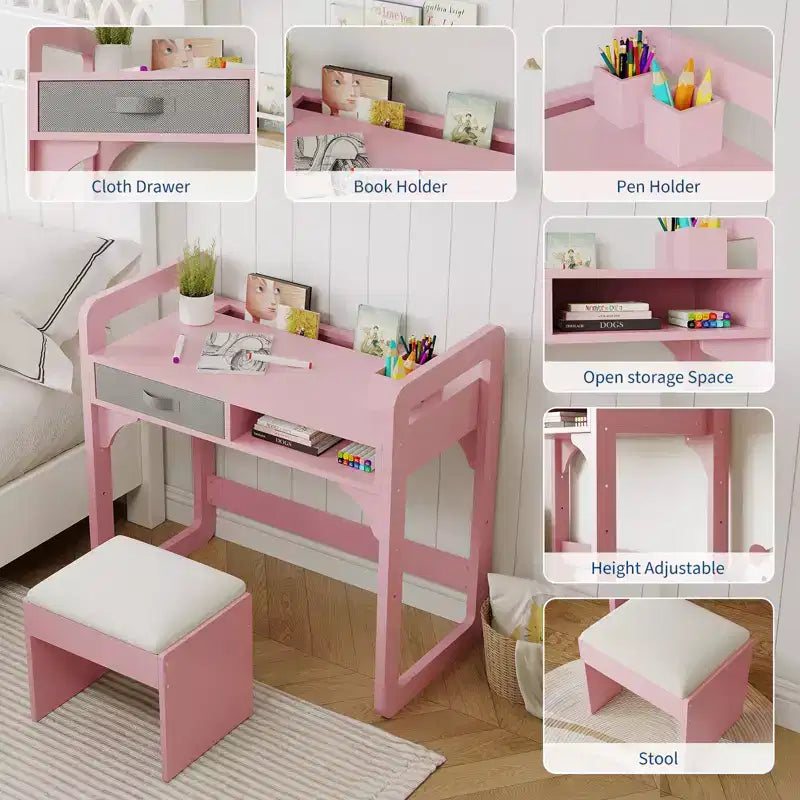Ensemble bureau et chaise pour enfants Acekool, table d'étude réglable avec rangement et porte-livres, pour garçons et filles, blanc/rose/bleu