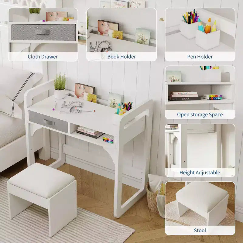 Ensemble bureau et chaise pour enfants Acekool, table d'étude réglable avec rangement et porte-livres, pour garçons et filles, blanc/rose/bleu