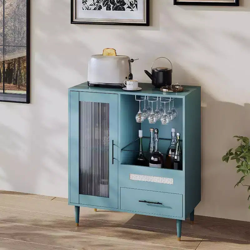 Buffet moderne vert avec porte-verres et rangements, 30,7 po pour cuisine, salle à manger, salon