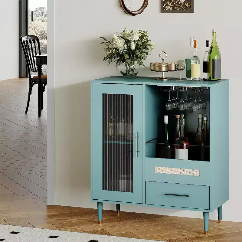 Buffet moderne vert avec porte-verres et rangements, 30,7 po pour cuisine, salle à manger, salon