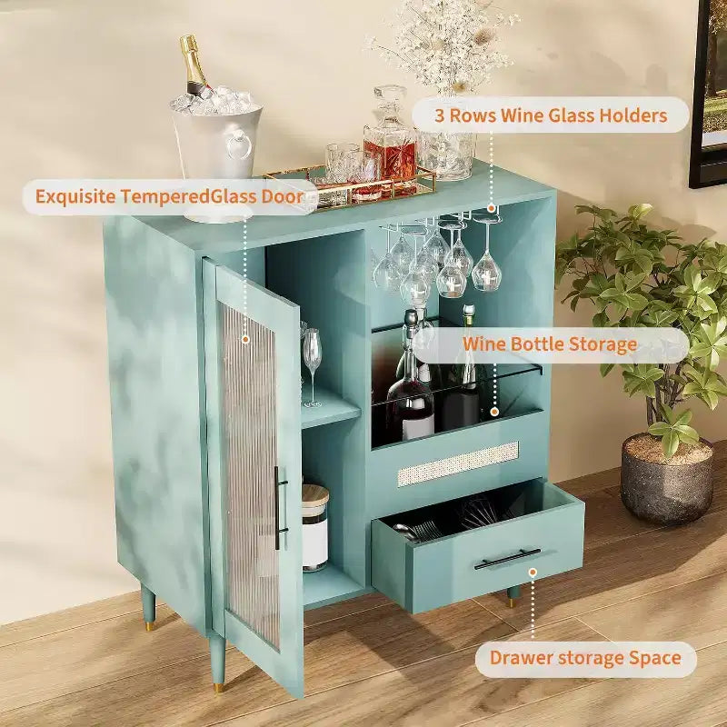 Buffet moderne vert avec porte-verres et rangements, 30,7 po pour cuisine, salle à manger, salon