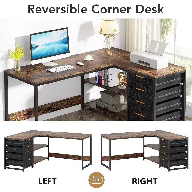 Lantine Bureau d'angle en L de 150 cm avec tiroirs et étagères de rangement, bureau réversible pour bureau à domicile, marron