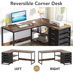 Lantine Bureau d'angle en L de 150 cm avec tiroirs et étagères de rangement, bureau réversible pour bureau à domicile, marron