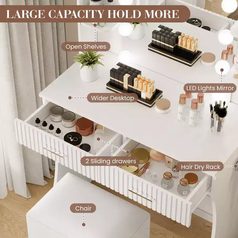 Coiffeuse avec miroir et 12 lumières LED, Table de maquillage moderne avec prise de courant, 2 tiroirs, support pour sèche-cheveux et tabouret, pour chambre à coucher