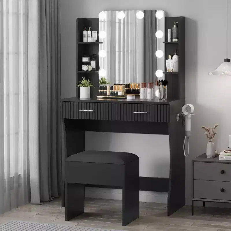 Coiffeuse avec miroir et 12 lumières LED, Table de maquillage moderne avec prise de courant, 2 tiroirs, support pour sèche-cheveux et tabouret, pour chambre à coucher