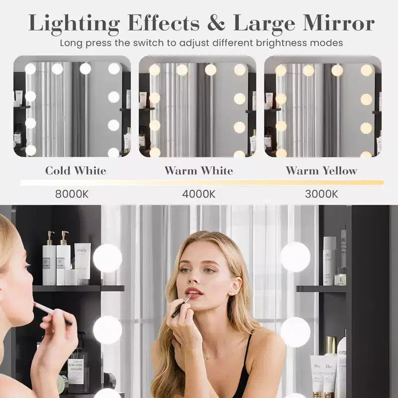 Coiffeuse avec miroir et 12 lumières LED, Table de maquillage moderne avec prise de courant, 2 tiroirs, support pour sèche-cheveux et tabouret, pour chambre à coucher