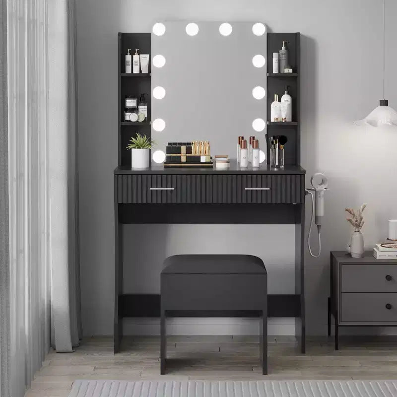 Coiffeuse avec miroir et 12 lumières LED, Table de maquillage moderne avec prise de courant, 2 tiroirs, support pour sèche-cheveux et tabouret, pour chambre à coucher