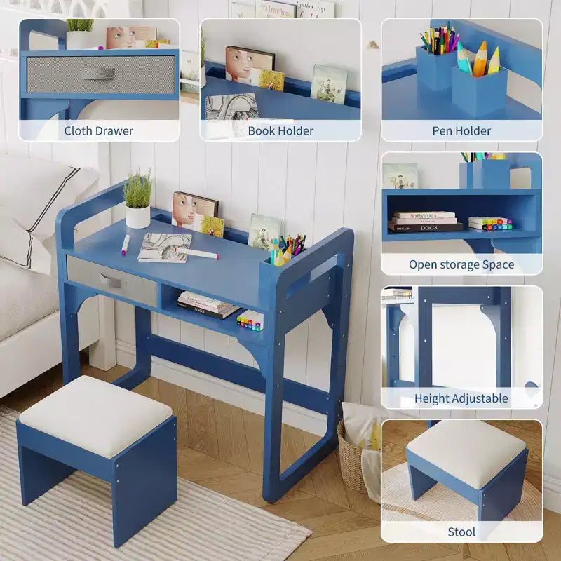 Ensemble Bureau et Chaise pour Enfants, Bureau d'Étude pour Garçons et Filles, Table d'Écriture en Bois pour Enfants avec Tiroirs en Tissu et Porte-Crayons