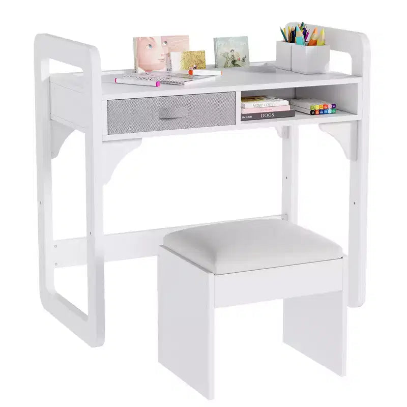 Ensemble Bureau et Chaise pour Enfants, Bureau d'Étude pour Garçons et Filles, Table d'Écriture en Bois pour Enfants avec Tiroirs en Tissu et Porte-Crayons