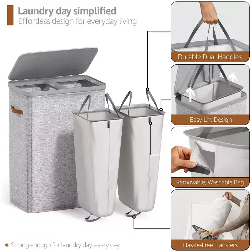 Panier à linge Sorbus à 2 compartiments avec sac à linge amovible – Organisateur durable pour salle de bain, chambre ou buanderie – Design compact