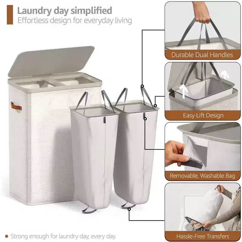 Panier à linge Sorbus à 2 compartiments avec sac à linge amovible – Organisateur durable pour salle de bain, chambre ou buanderie – Design compact