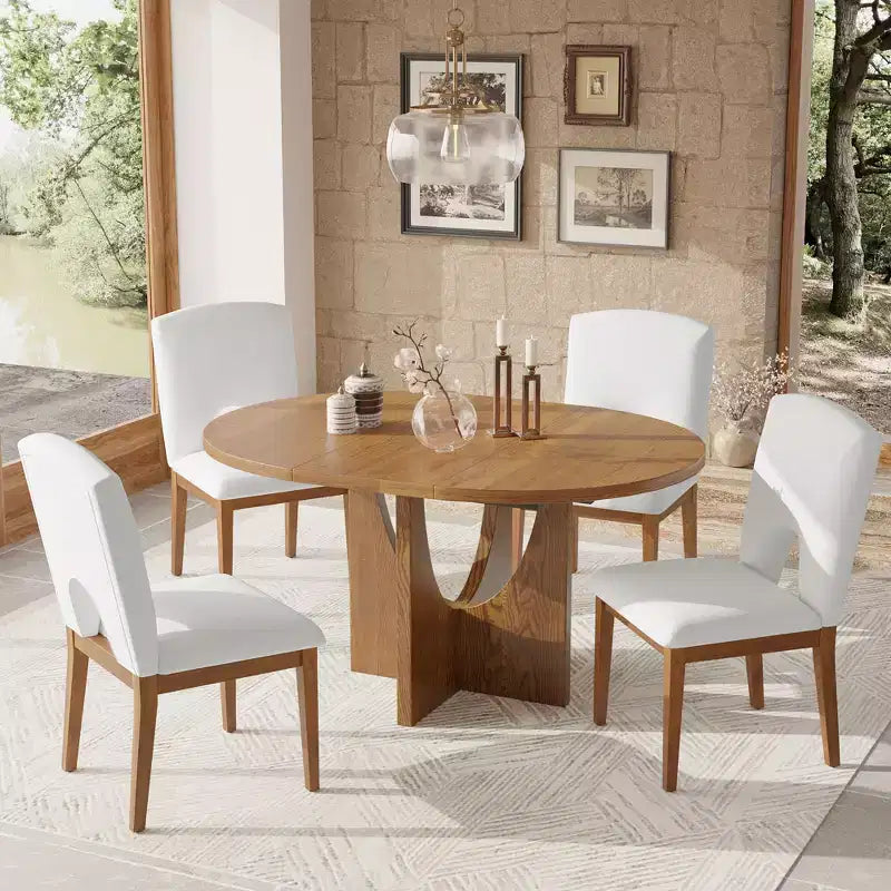 Ensemble de salle à manger rond extensible 5 pièces pour 4 personnes, table de salle à manger de cuisine moderne avec rallonge amovible et 4 chaises rembourrées pour salle à manger
