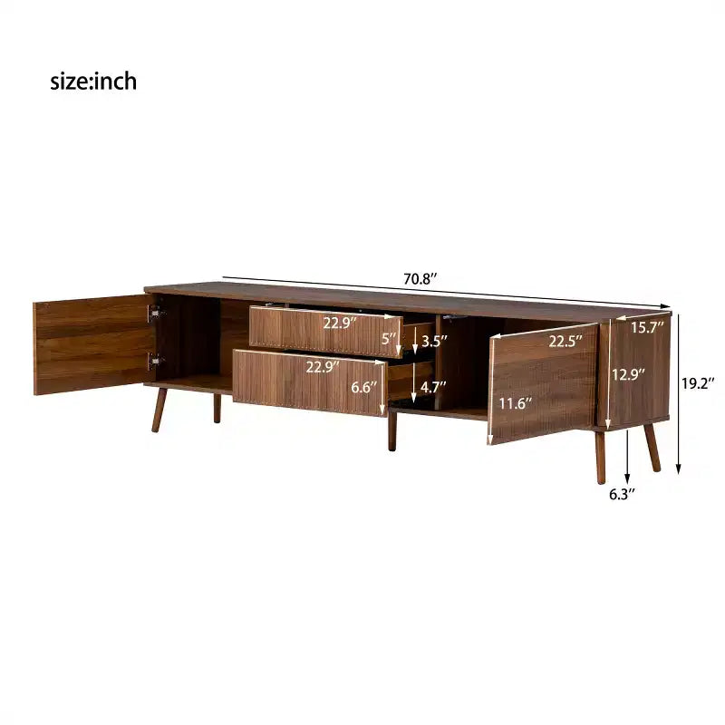 Meuble TV moderne cannelé 70 po pour téléviseurs jusqu'à 80 po, meuble de divertissement avec rangement, console média à pieds en bois massif pour salon-Panipeachy