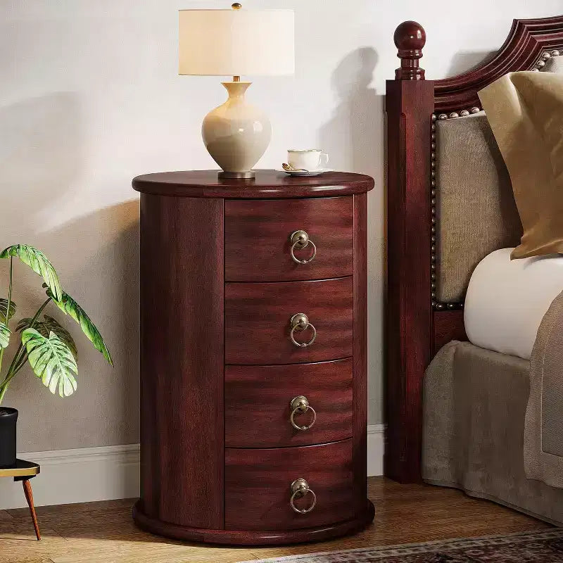 Table de chevet Lantine en bois massif, table de chevet ronde avec 4 tiroirs, table de chevet haute rustique pour chambre et salon, aucun assemblage requis