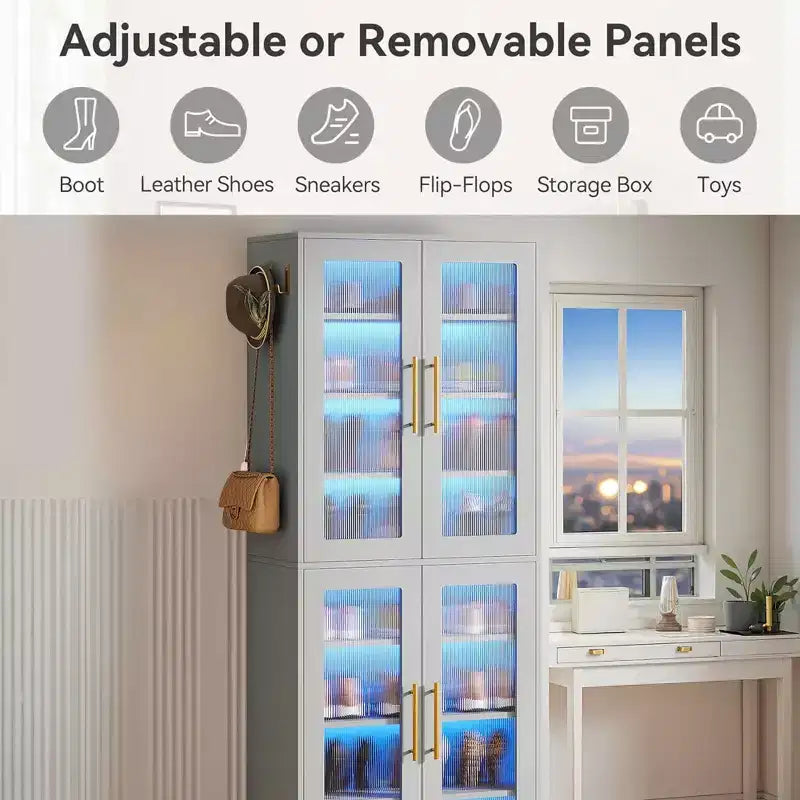 MAYEERTY Meuble à chaussures autoportant avec portes en acrylique et lumières LED, Organisateur de rangement de chaussures pour entrée