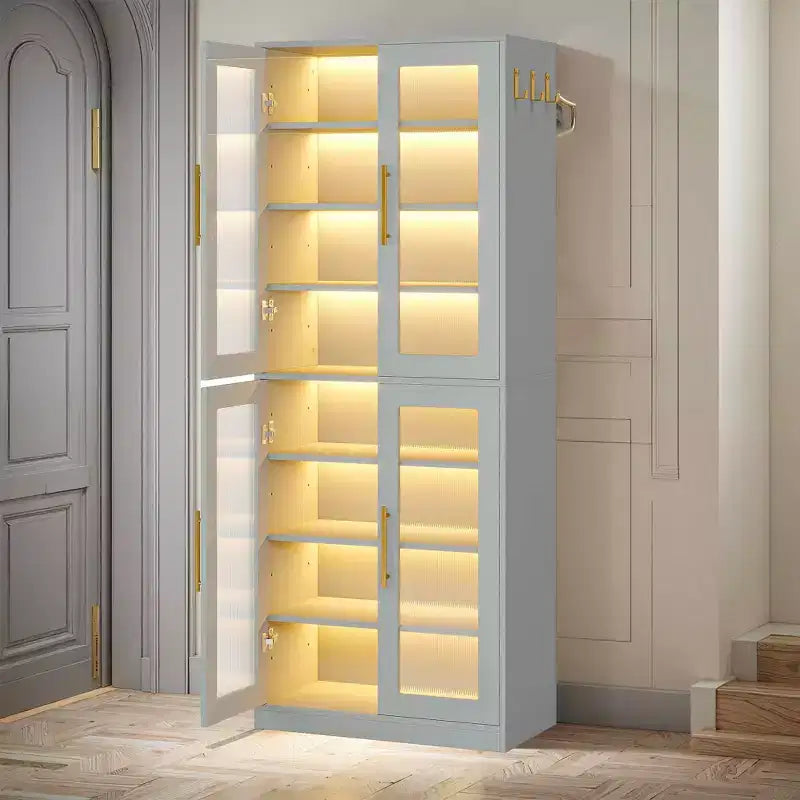 MAYEERTY Meuble à chaussures autoportant avec portes en acrylique et lumières LED, Organisateur de rangement de chaussures pour entrée