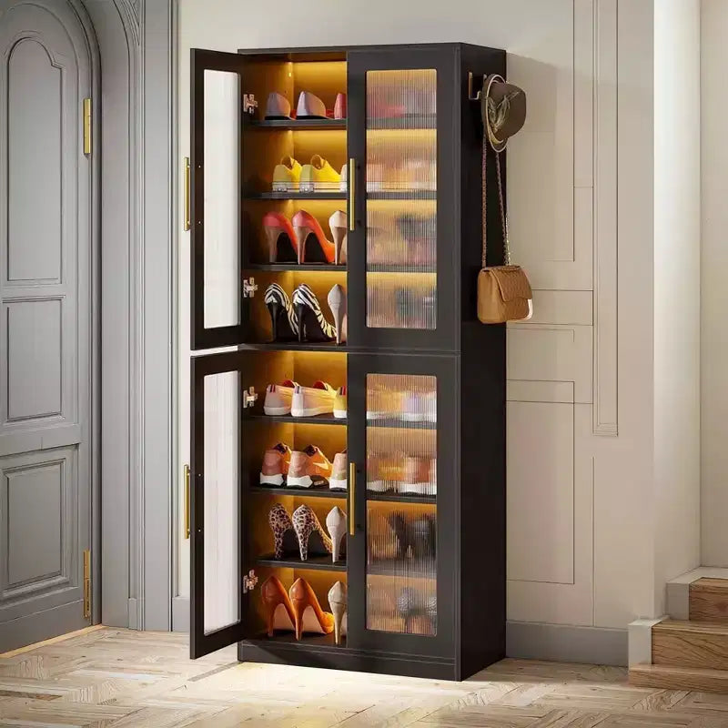 MAYEERTY Meuble à chaussures autoportant avec portes en acrylique et lumières LED, Organisateur de rangement de chaussures pour entrée
