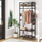 Lantine Portant à vêtements robuste de 175 cm de haut : Organisateur de placard autoportant avec étagères de rangement ouvertes et crochets, marron et noir pour chambre à coucher.