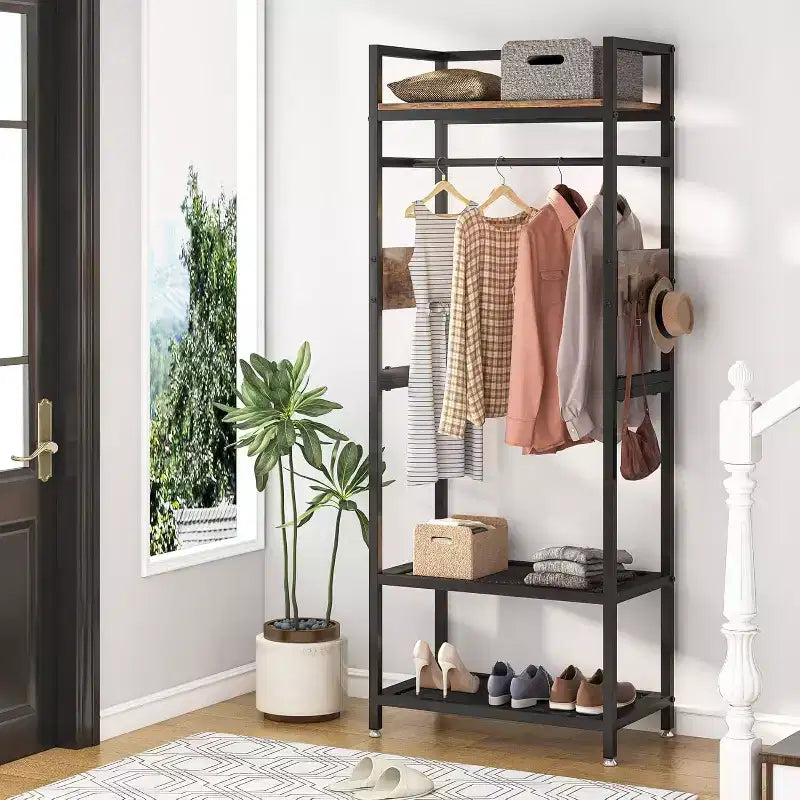 Lantine Portant à vêtements robuste de 175 cm de haut : Organisateur de placard autoportant avec étagères de rangement ouvertes et crochets, marron et noir pour chambre à coucher.