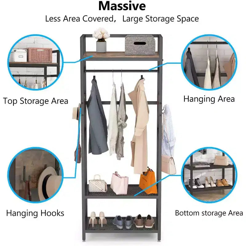 Lantine Portant à vêtements robuste de 175 cm de haut : Organisateur de placard autoportant avec étagères de rangement ouvertes et crochets, marron et noir pour chambre à coucher.