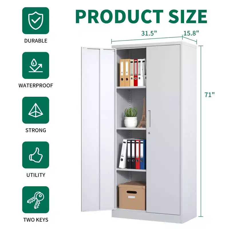 Armoire de rangement de garage en métal VIYET 71H, armoire en acier blanc verrouillable avec 3 étagères réglables (organiseur de bureau/garde-manger anti-basculement)