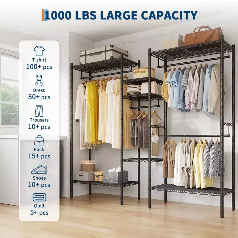 Porte-vêtements commercial haute capacité avec étagères, penderie autoportante réglable pour la maison et le commerce de détail, noir