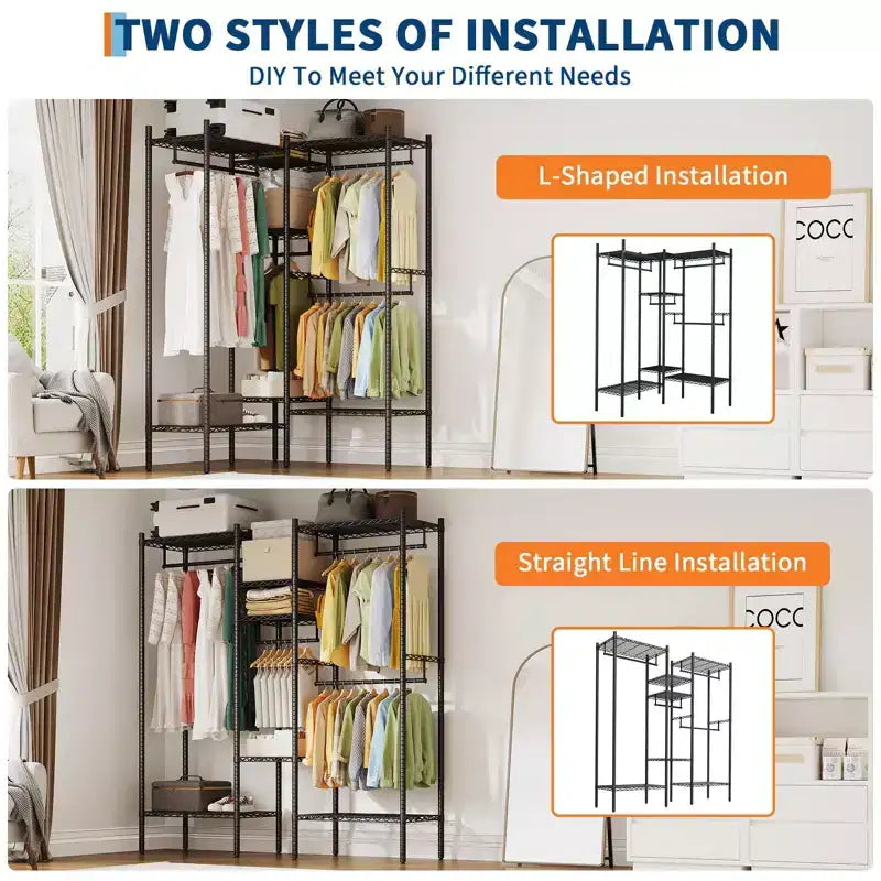 Porte-vêtements commercial haute capacité avec étagères, penderie autoportante réglable pour la maison et le commerce de détail, noir