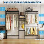 Porte-vêtements commercial haute capacité avec étagères, penderie autoportante réglable pour la maison et le commerce de détail, noir