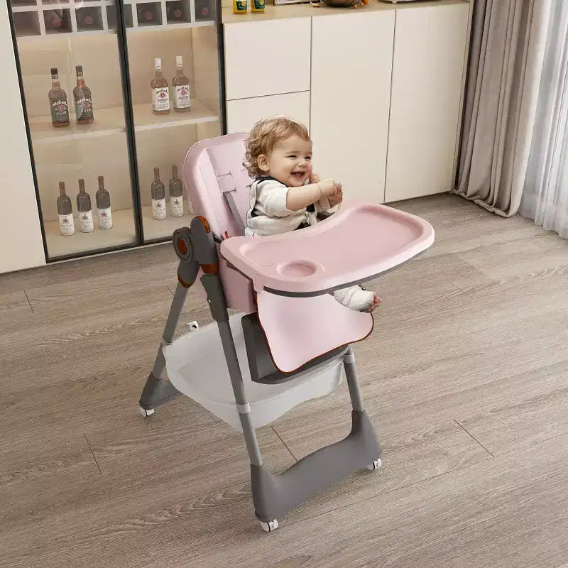 Chaise Haute Portable Réglable Siège d'Alimentation pour Bébé à Tout-Petit (0-6 Ans) avec Roues Verrouillables, Ceinture 5 Points et Design Facile à Nettoyer, pour la Maison
