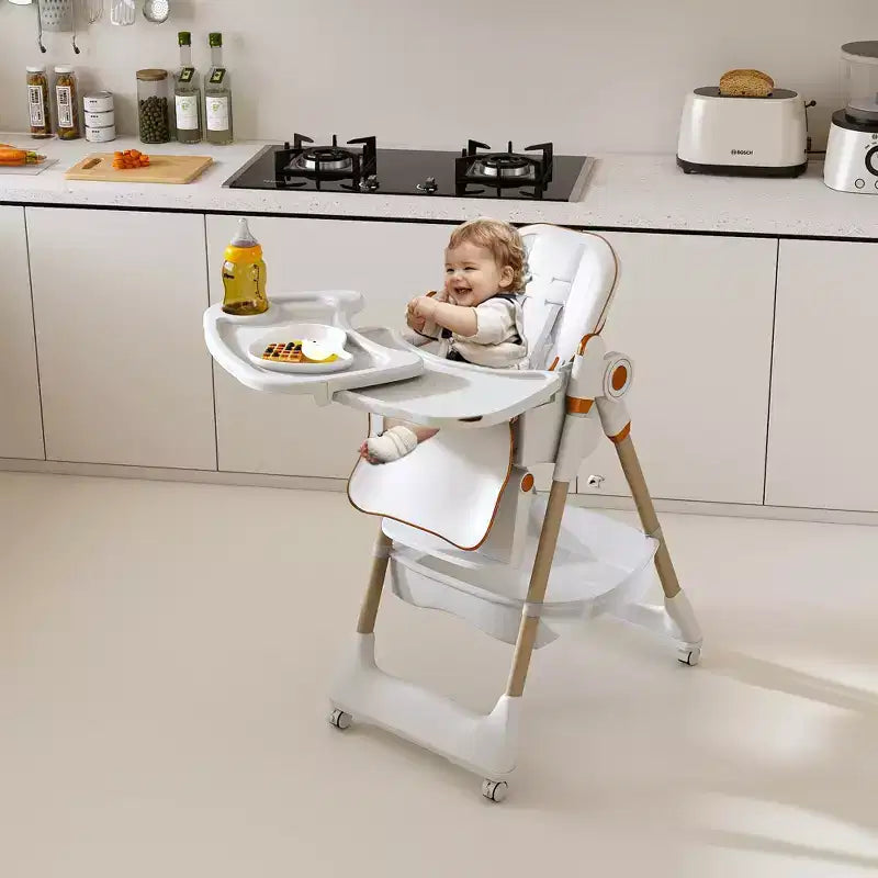 Chaise Haute Portable Réglable Siège d'Alimentation pour Bébé à Tout-Petit (0-6 Ans) avec Roues Verrouillables, Ceinture 5 Points et Design Facile à Nettoyer, pour la Maison