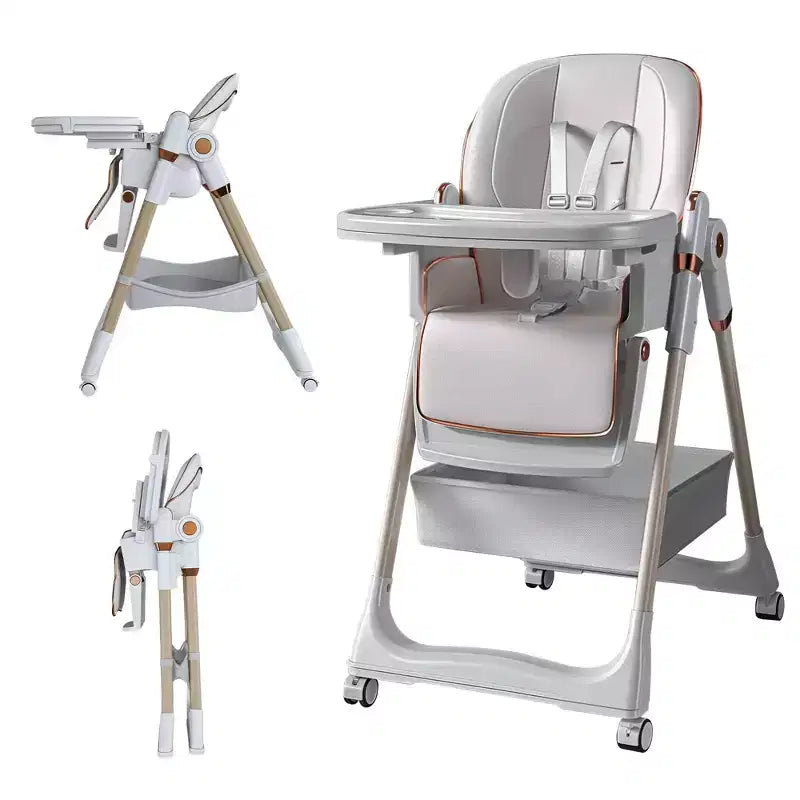 Chaise Haute Portable Réglable Siège d'Alimentation pour Bébé à Tout-Petit (0-6 Ans) avec Roues Verrouillables, Ceinture 5 Points et Design Facile à Nettoyer, pour la Maison
