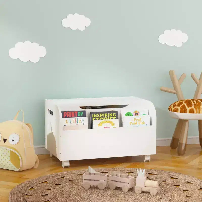 Banc de Rangement en Bois JVNOXK avec 4 Roulettes Pivotantes, Étagère Frontale, Couvercle Relevable et Charnières de Sécurité. Idéal pour l'Organisation de la Salle de Jeux