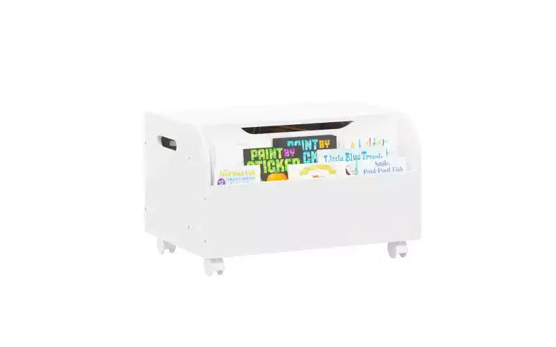 Banc de Rangement en Bois JVNOXK avec 4 Roulettes Pivotantes, Étagère Frontale, Couvercle Relevable et Charnières de Sécurité. Idéal pour l'Organisation de la Salle de Jeux