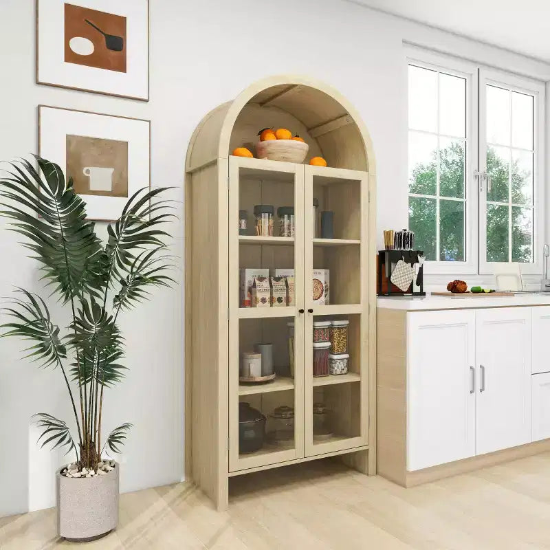 70 Armoire de Rangement Moderne Arcée avec Portes en Verre, Buffet de Cuisine Naturel pour Salle à Manger ou Salon-Panipeachy