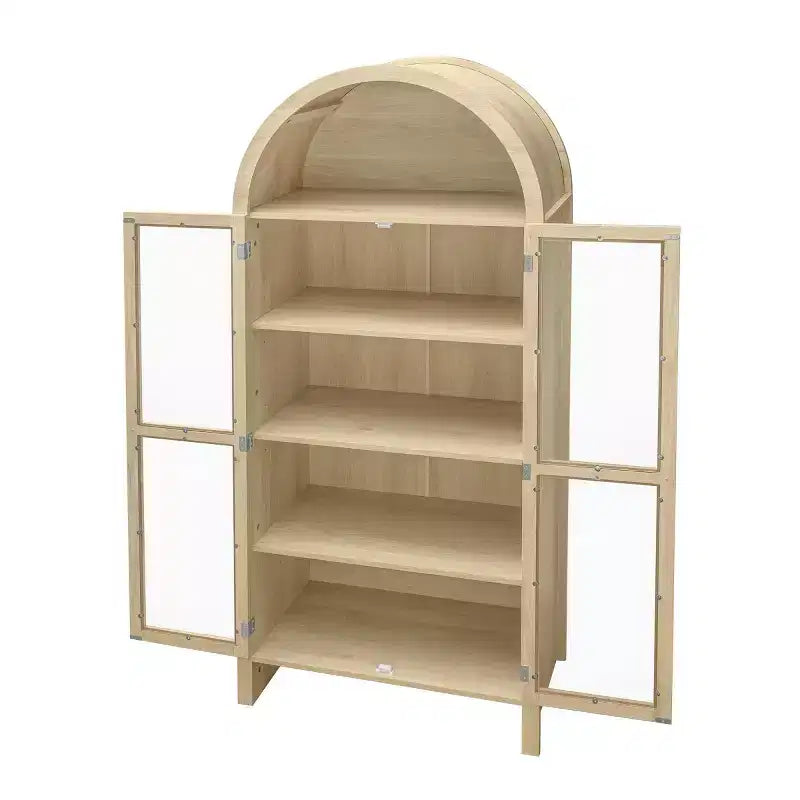 70 Armoire de Rangement Moderne Arcée avec Portes en Verre, Buffet de Cuisine Naturel pour Salle à Manger ou Salon-Panipeachy