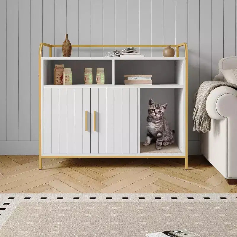 Meuble cache-litière pour chat avec étagères de rangement, armoire pour litière de chat et table d'appoint à cadre métallique moderne pour usage intérieur
