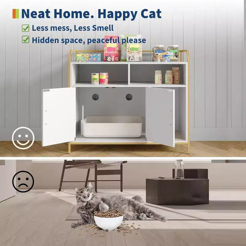 Meuble cache-litière pour chat avec étagères de rangement, armoire pour litière de chat et table d'appoint à cadre métallique moderne pour usage intérieur