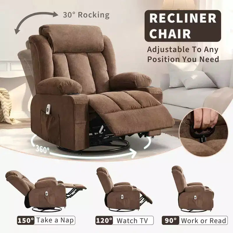 Fauteuil inclinable pivotant sur 360° surdimensionné avec fonctions chauffante et massante. Fauteuil à bascule large pour personnes de grande taille et fortes, 3 positions, porte-gobelets, port USB et pochette. Le fauteuil de relaxation par excellence.