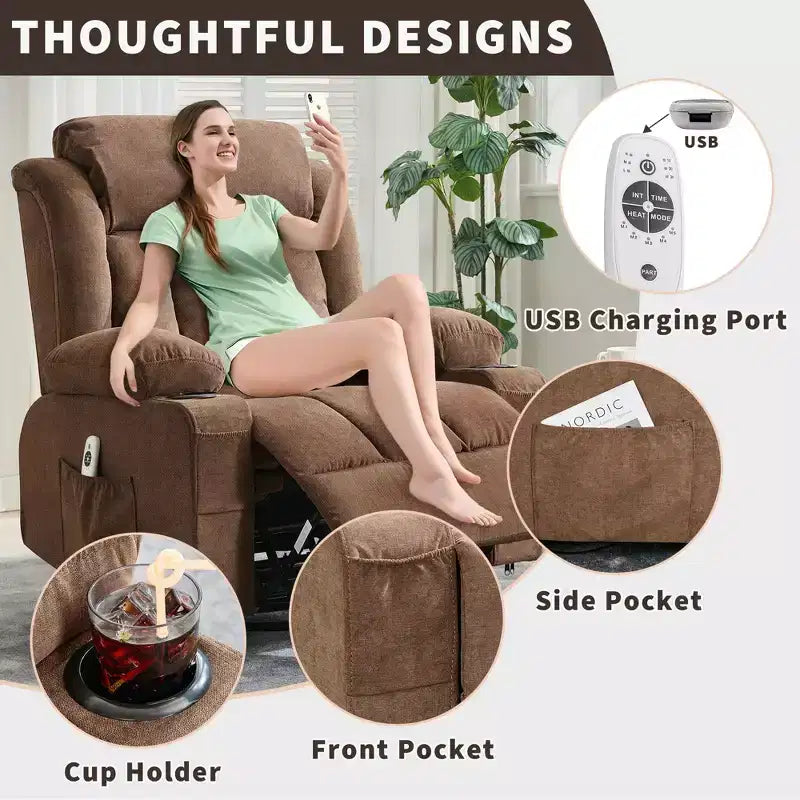 Fauteuil inclinable pivotant sur 360° surdimensionné avec fonctions chauffante et massante. Fauteuil à bascule large pour personnes de grande taille et fortes, 3 positions, porte-gobelets, port USB et pochette. Le fauteuil de relaxation par excellence.