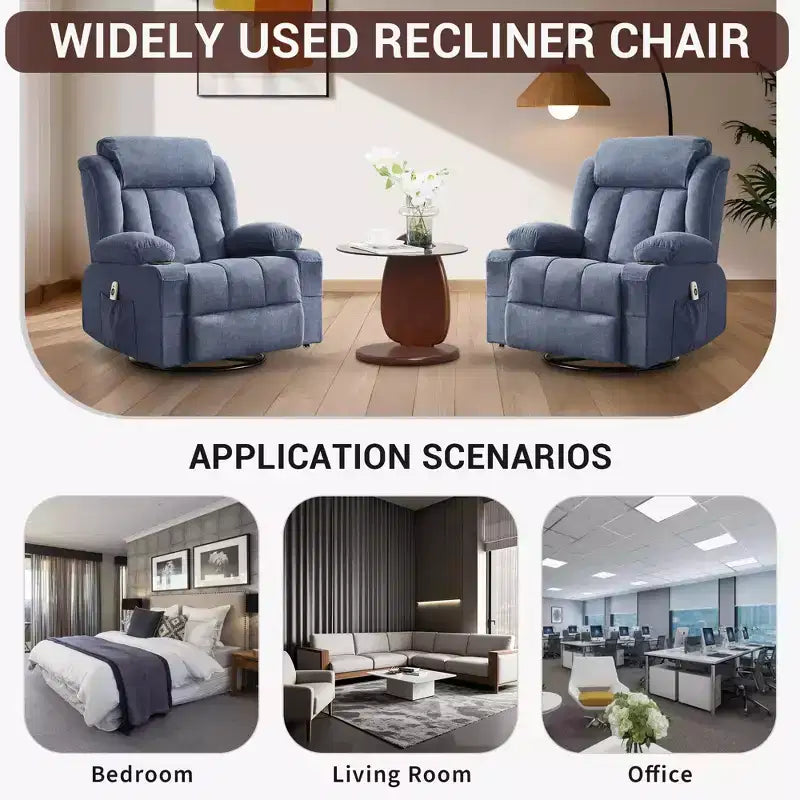 Fauteuil inclinable pivotant sur 360° surdimensionné avec fonctions chauffante et massante. Fauteuil à bascule large pour personnes de grande taille et fortes, 3 positions, porte-gobelets, port USB et pochette. Le fauteuil de relaxation par excellence.
