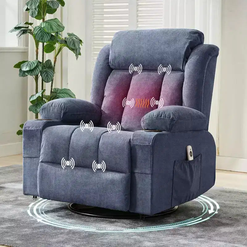 Fauteuil inclinable pivotant sur 360° surdimensionné avec fonctions chauffante et massante. Fauteuil à bascule large pour personnes de grande taille et fortes, 3 positions, porte-gobelets, port USB et pochette. Le fauteuil de relaxation par excellence.